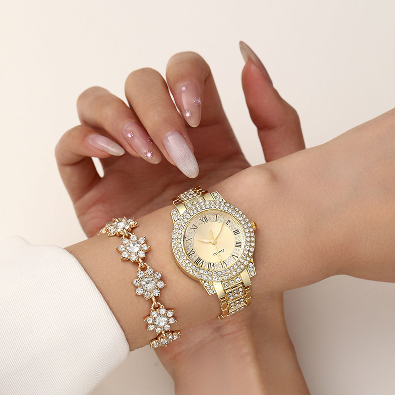 Two-piece Set (opp Bag) Alloy Diamond Round Watch Bracelet Set