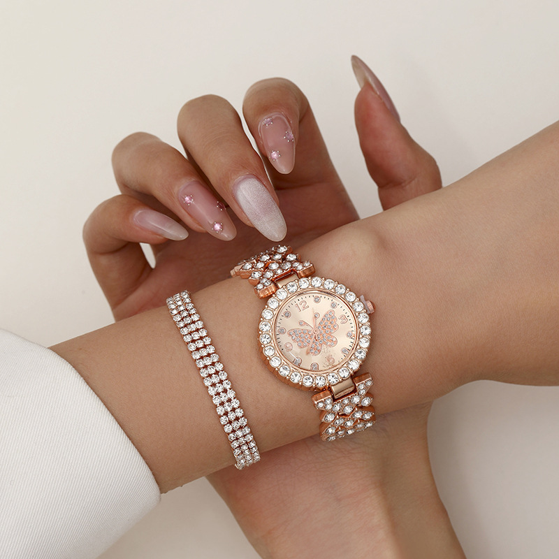 Two-piece Set Alloy Diamond Round Watch Bracelet Set