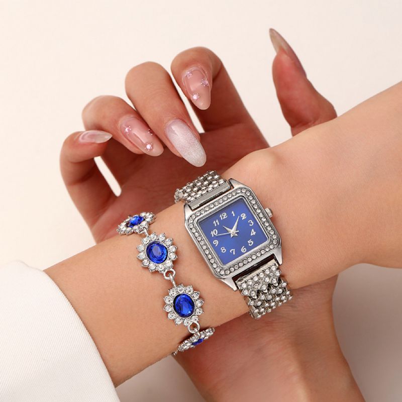 Two-piece Set (opp Bag) Alloy Diamond Square Watch Oval Bracelet Set