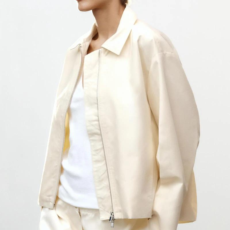 Off-white Polyester Lapel Zipper Jacket