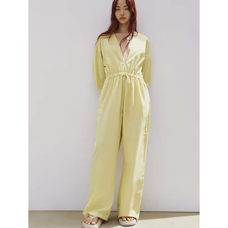Yellow Polyester V-neck Tie Jumpsuit