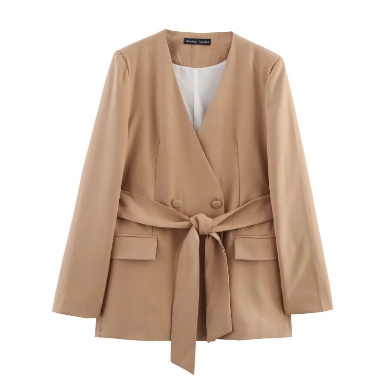 Khaki Polyester Jacket With Tie Pockets