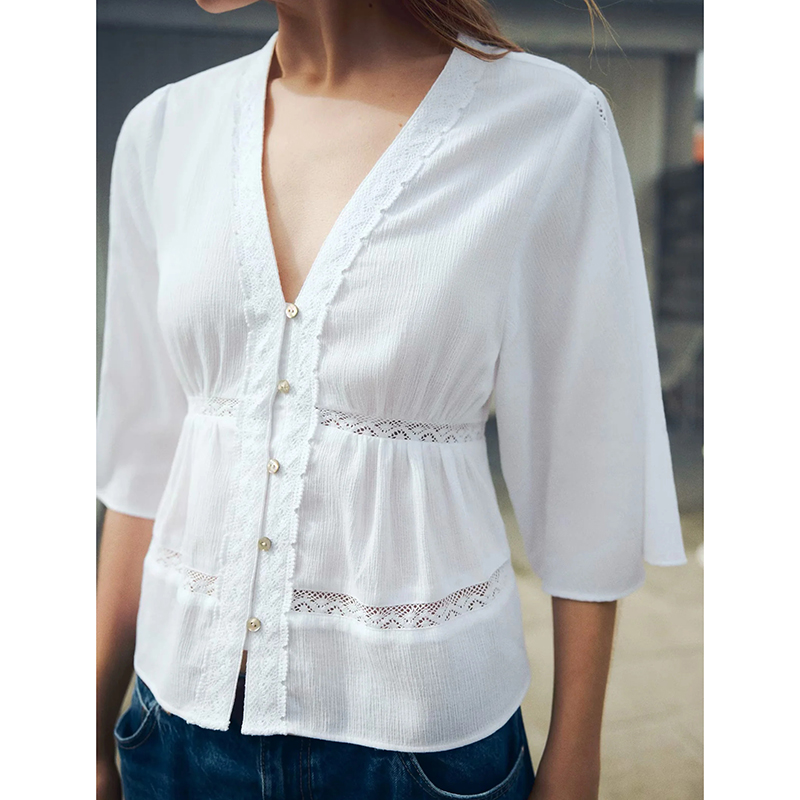 Blusa De Poliéster Con Cuello En V Y Botones