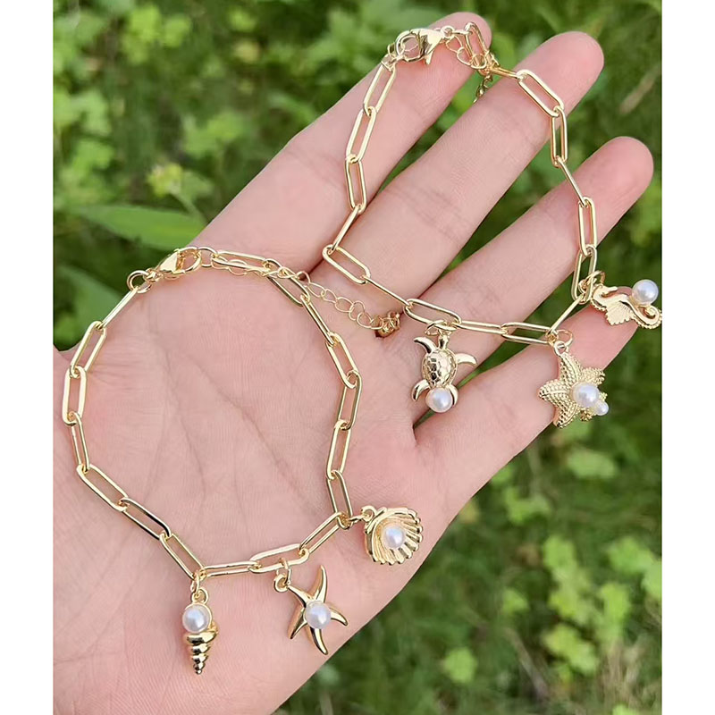 Pulsera De Concha De Estrella De Mar Y Perla De Cobre