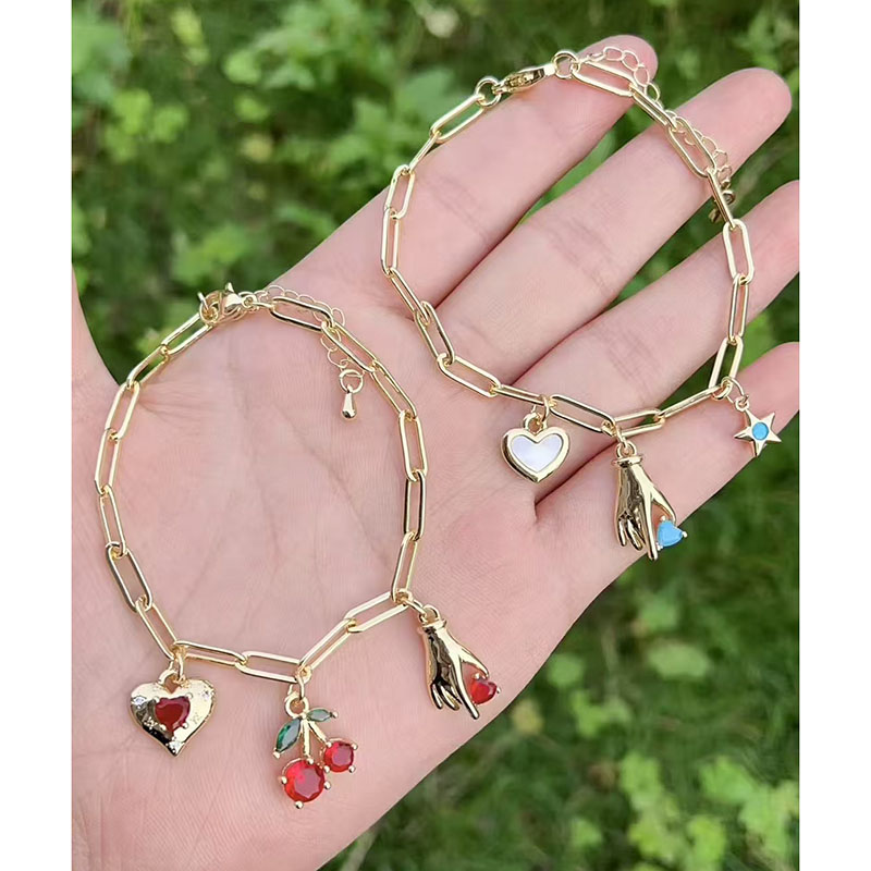 Pulsera De Cereza Con Estrella De Cinco Puntas Y Corazón De Diamante De Cobre