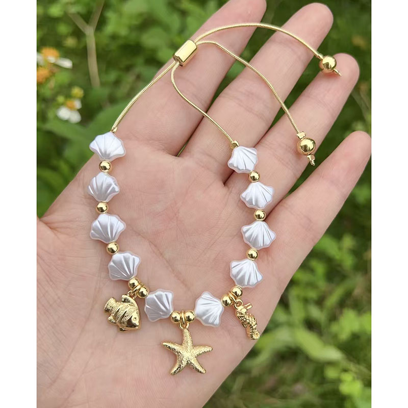 Pulsera De Caballito De Mar Con Estrellas De Mar Y Cuentas De Cobre Y Perla