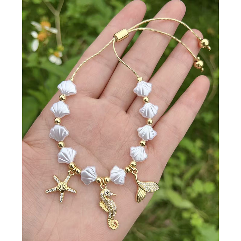 Pulsera De Caballito De Mar Con Estrellas De Mar Y Cuentas De Cobre Y Perla