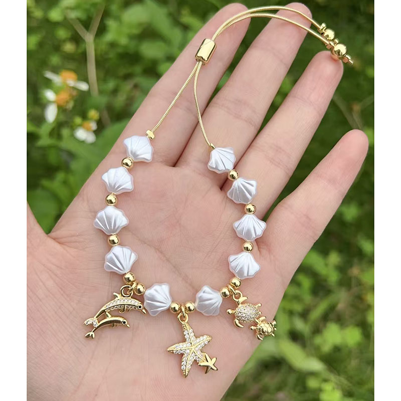 Pulsera De Delfín Estrella De Mar Y Cuentas De Perla De Concha De Cobre