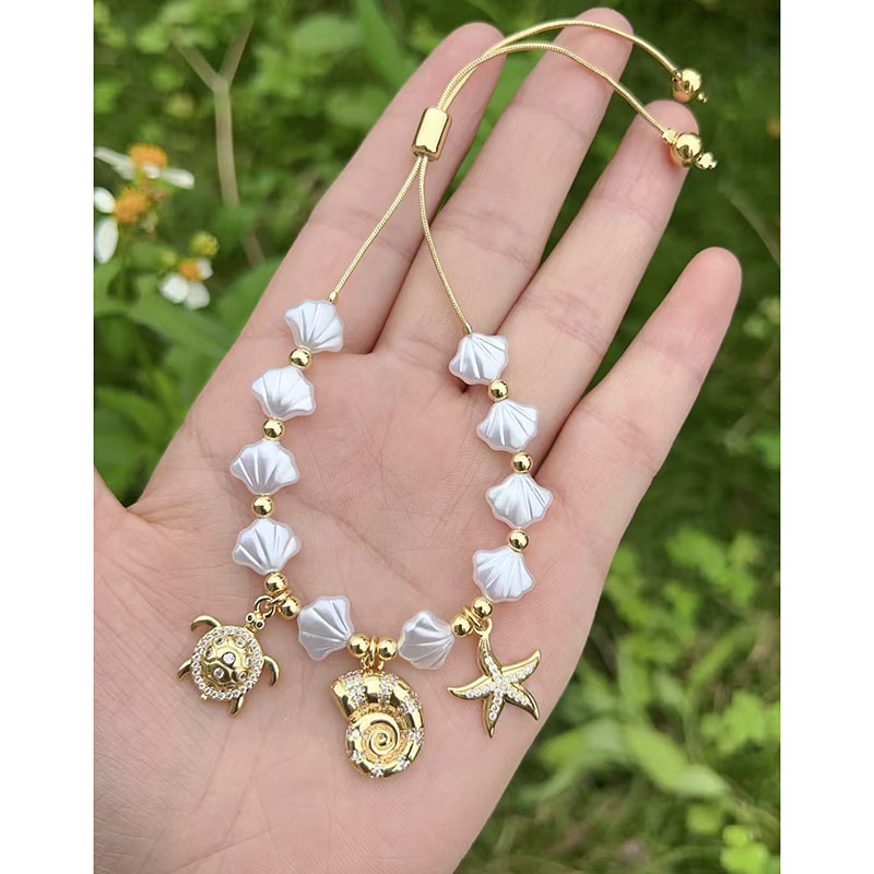 Pulsera De Concha De Cobre Con Cuentas De Perla Y Estrella De Mar