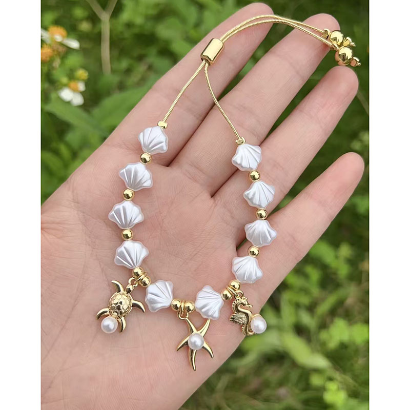 Pulsera De Caballito De Mar Con Estrellas De Mar Y Cuentas De Concha De Perla De Cobre
