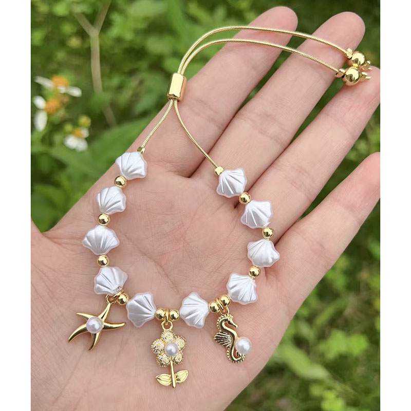 Pulsera De Caballito De Mar Con Flores Y Cuentas De Concha De Perla De Cobre