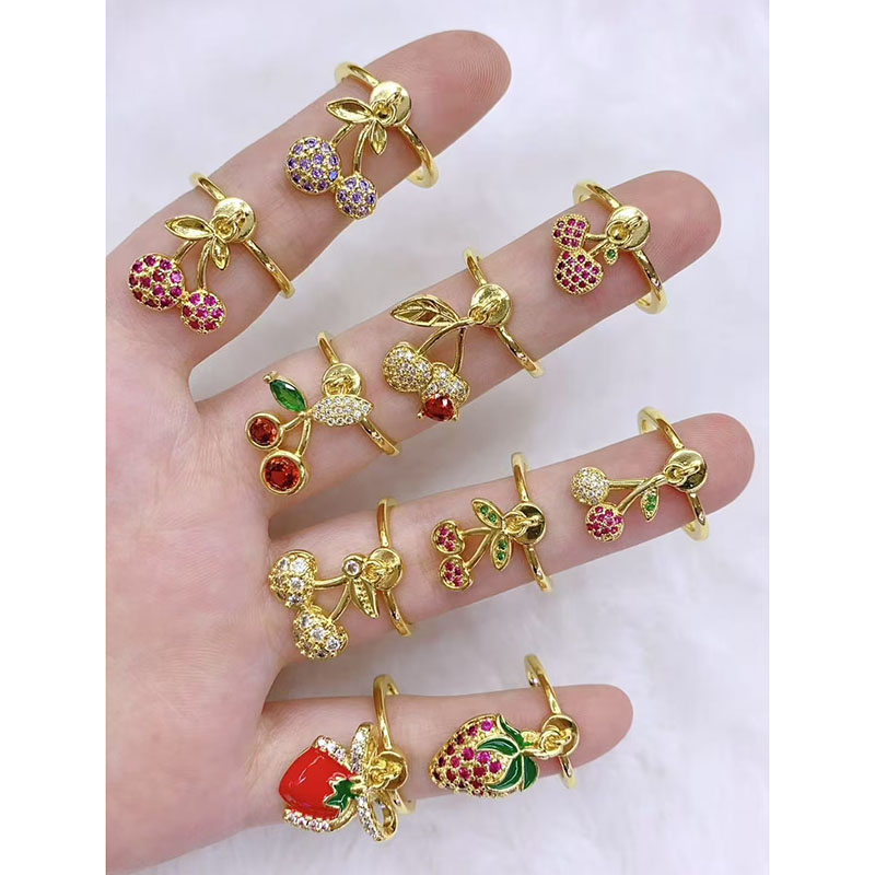 Anillo De Cobre Y Diamantes Con Cereza Y Fresa