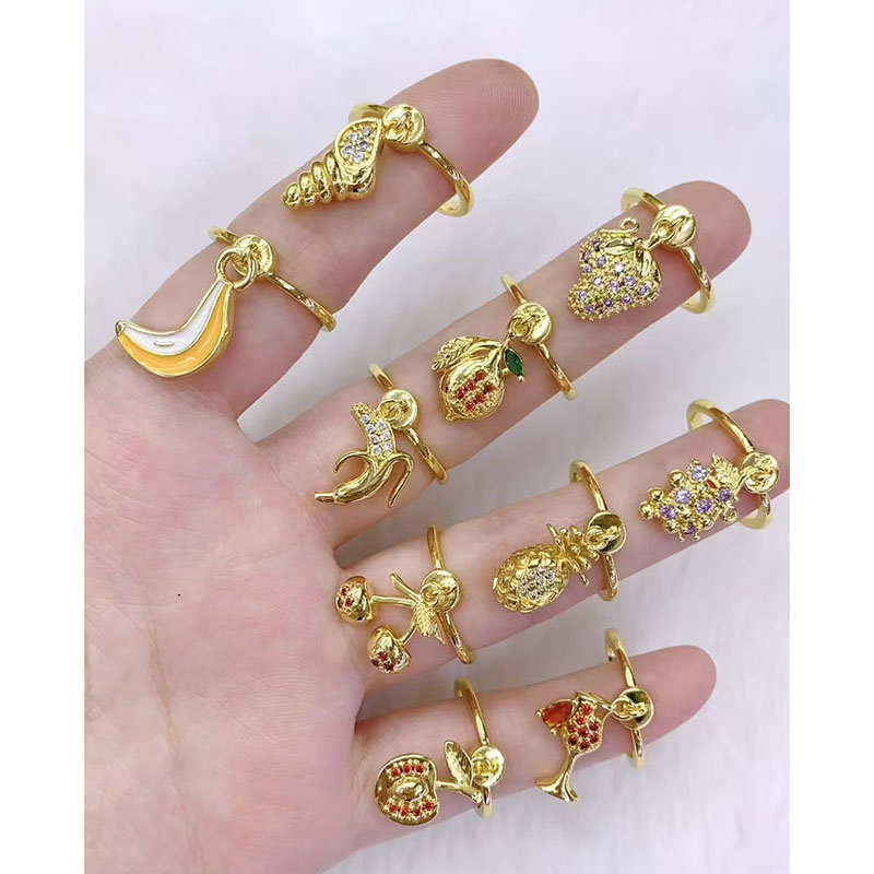 Anillo De Fruta De Cobre Diamante Concha Plátano Y Fresa