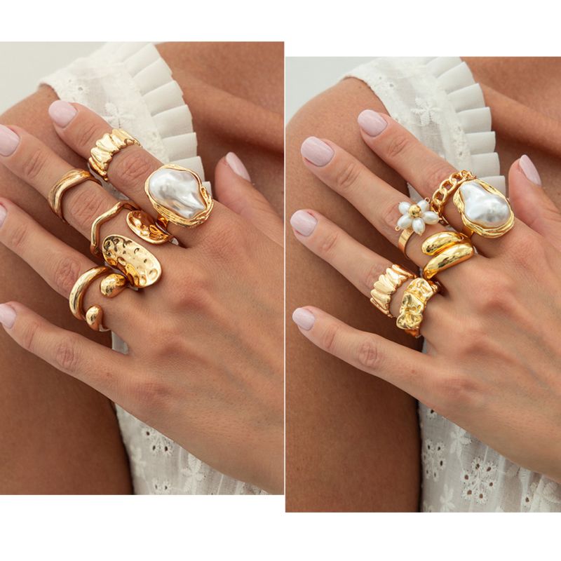 Juego De Anillos Irregulares Con Flor De Perla De Aleación