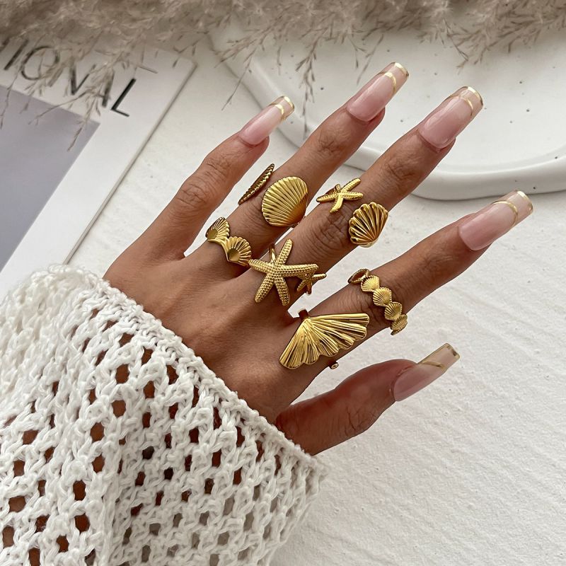 Juego De Anillos De Concha Y Estrella De Mar De Metal
