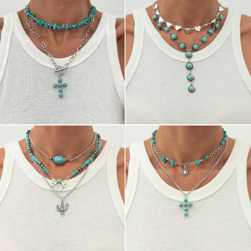 Necklace 4# Alloy Turquoise Cross Double Layer Necklace