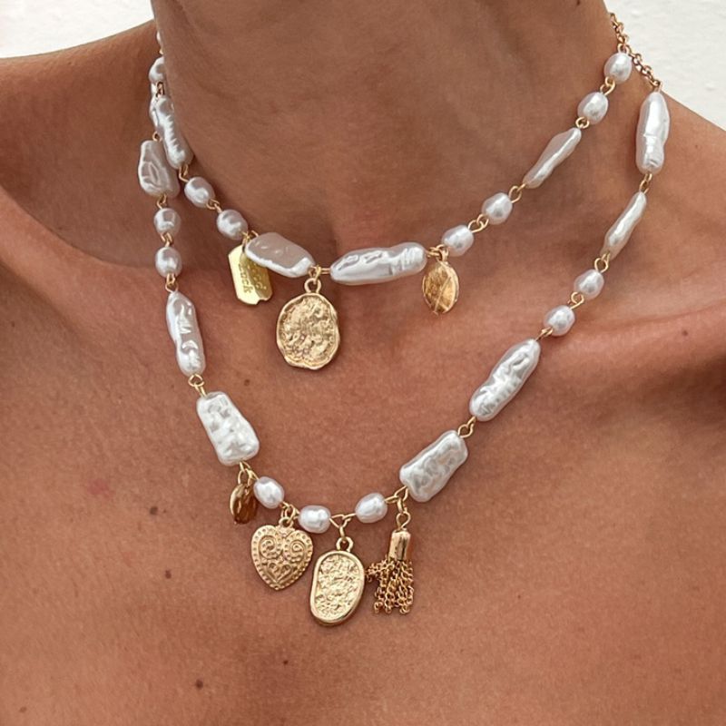 Gold Shaped Pearl Beaded Heart Pendant Double Necklace
