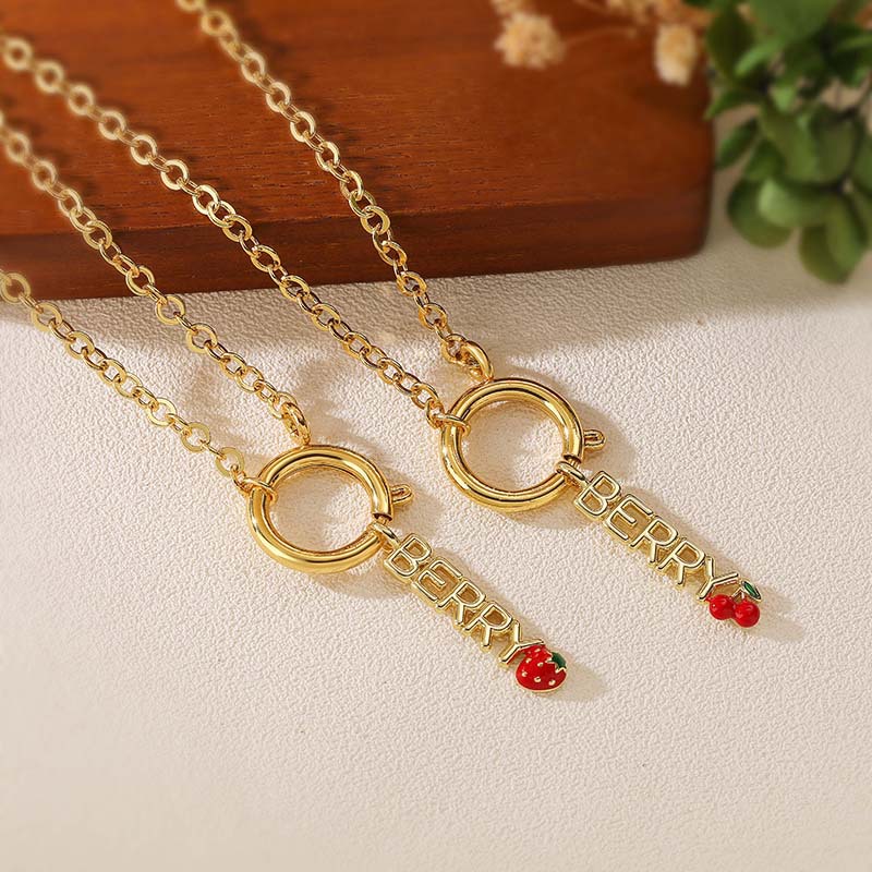 Gold 2# Copper Plated Letter Strawberry Cherry Necklace