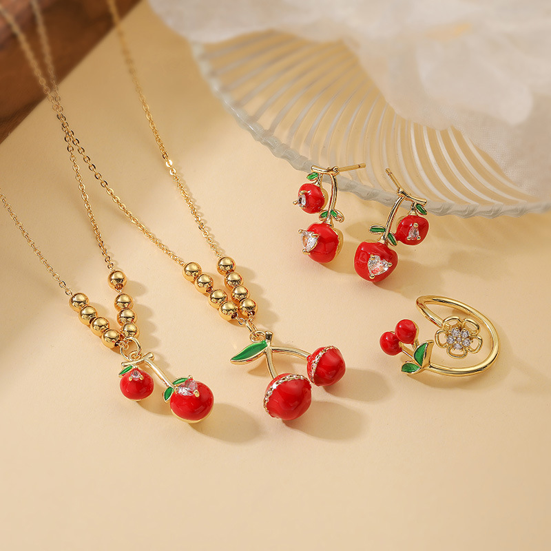 1 Gold Green Leaf Red Cherry Heart Round Bead Necklace Copper And Diamond Cherry Necklace