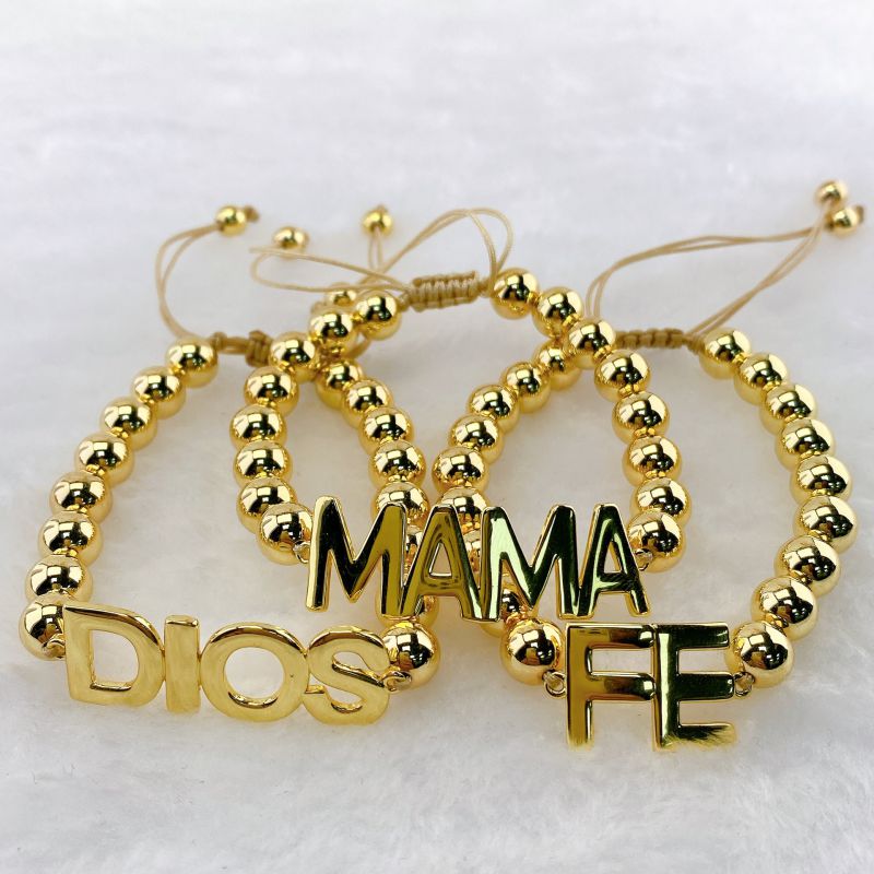 Pulsera De Letras Con Cuentas De Cobre Bañadas En Oro