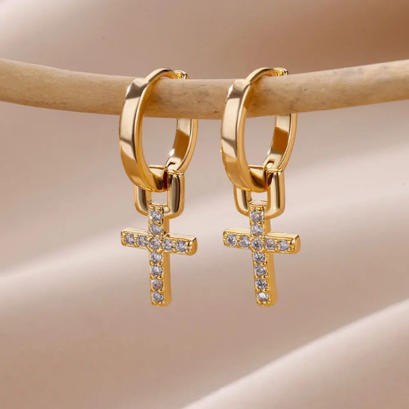Pendientes De Aro Con Cruz De Diamantes De Acero Inoxidable