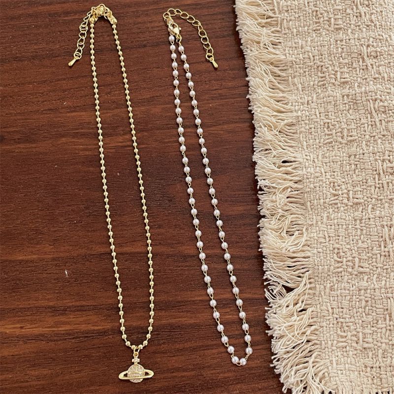 Double Saturn Necklace Metal Pearl Beaded Diamond Planet Double Necklace
