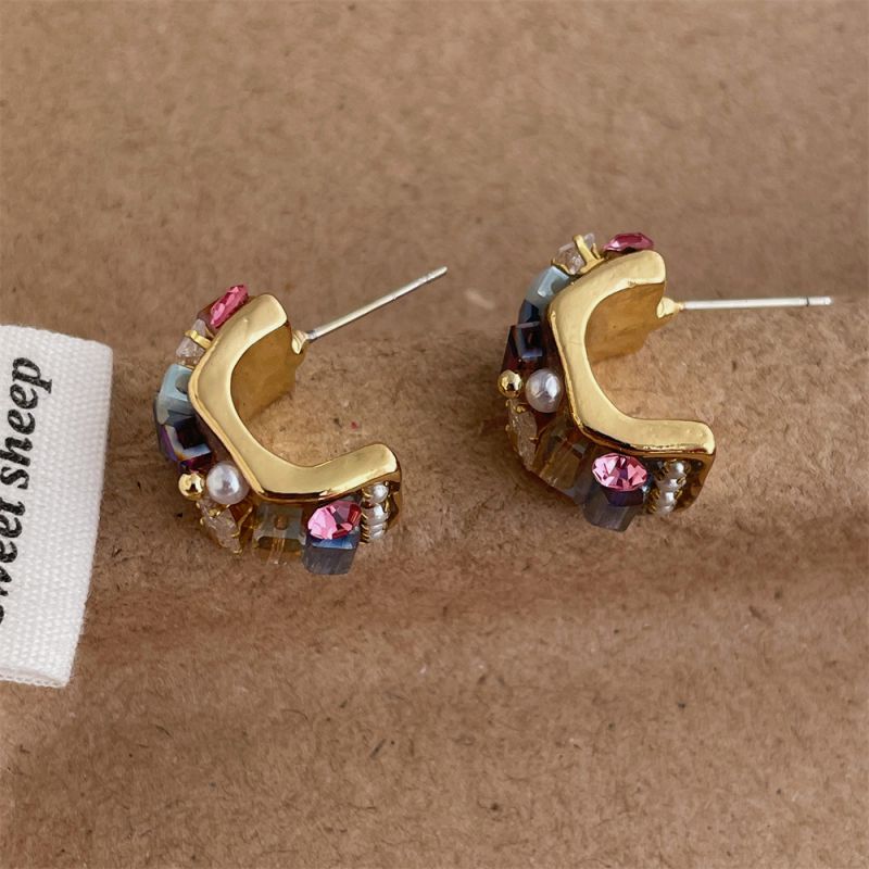 C-shaped Colorful Zirconium Earrings Metal C-shaped Earrings With Diamonds