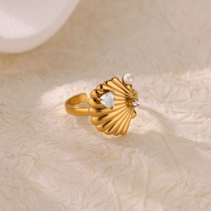 Gold Stainless Steel Diamond Shell Ring