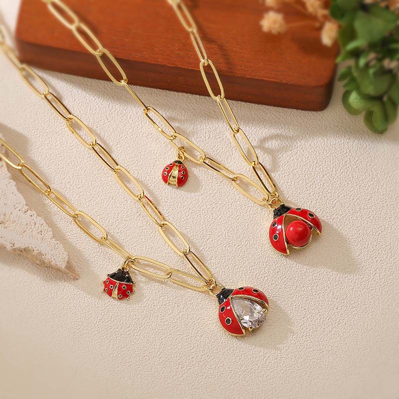 Gold And Red Beads Black And Red Beetle Necklace Colorful Oil Drop Ladybug Necklace