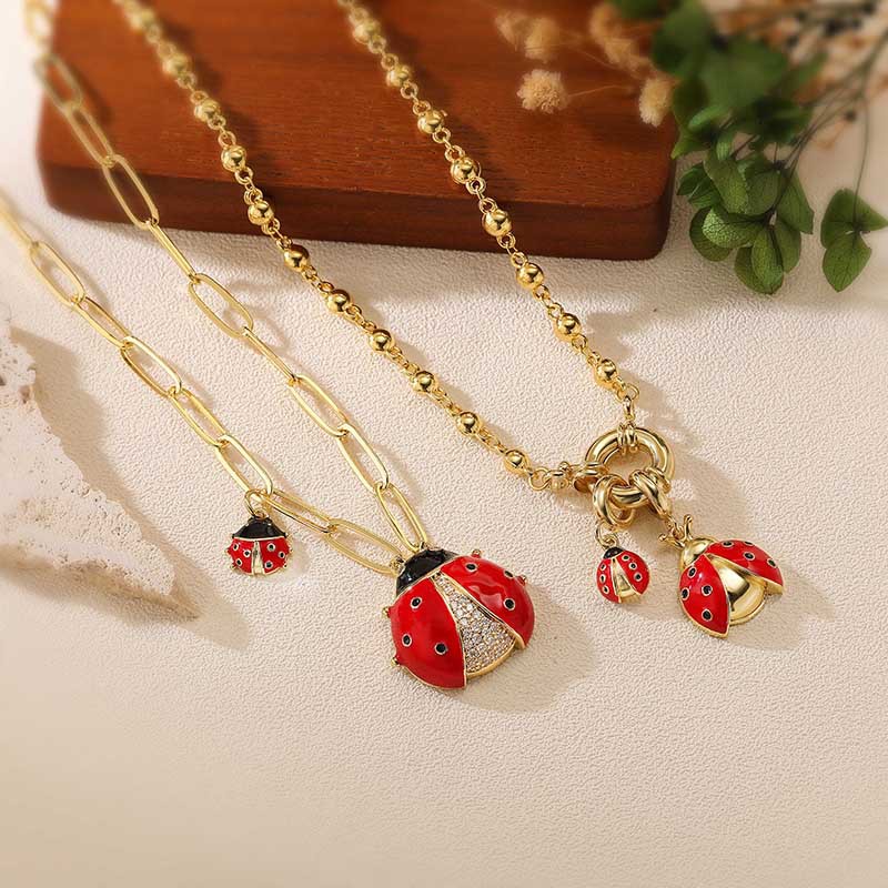 Gold Black And Red Beetle Steering Wheel Buckle Round Bead Necklace Colorful Oil Drop Ladybug Necklace