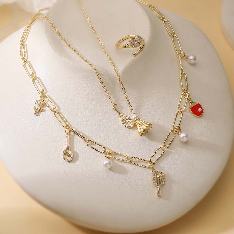 1 Gold Pearl Badminton Racket Necklace Copper White Diamond Pearl Badminton Racket Necklace