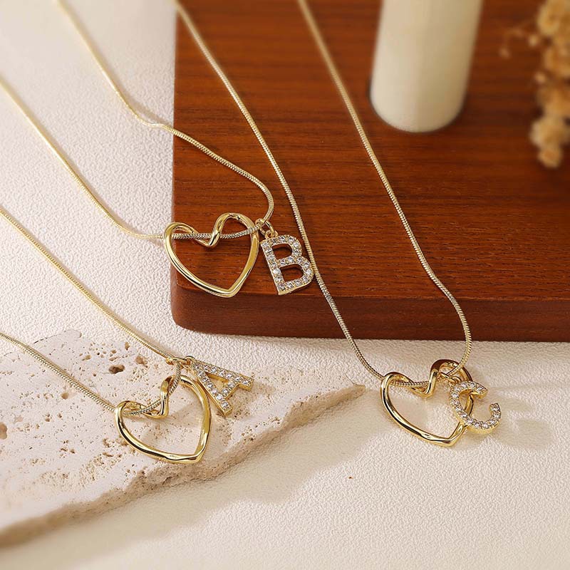White Gold Heart Large Letter Necklace Copper Diamond Heart Letter Necklace