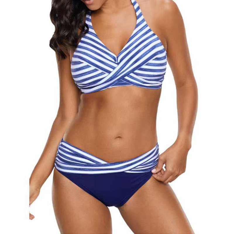 Traje De Baño Bikini De Dos Piezas Con Cuello Halter Y Estampado De Rayas De Poliéster