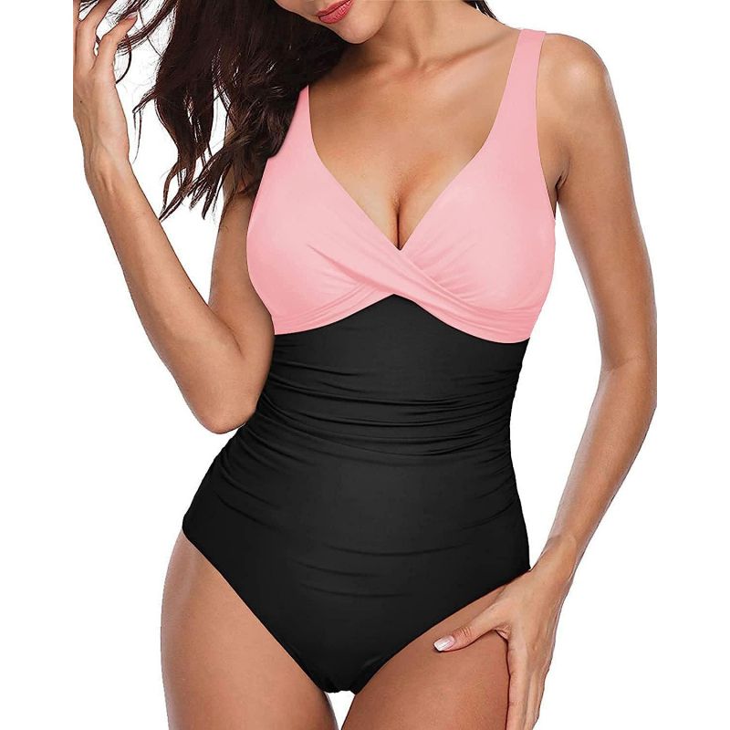 Traje De Baño De Una Pieza Plisado Con Bloques De Color De Poliéster