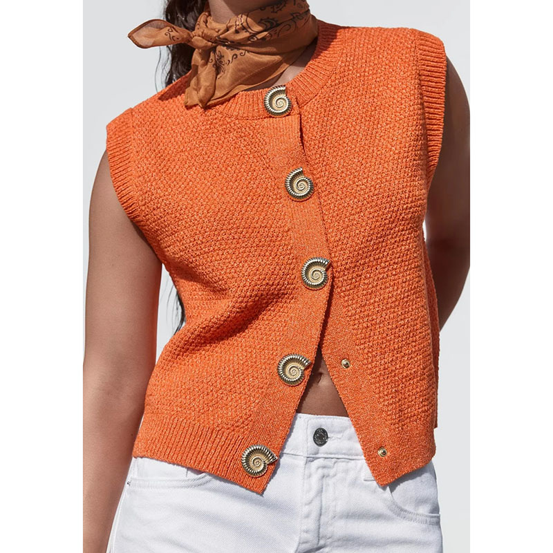 Orange Color Knitted Button-down Crew Neck Vest