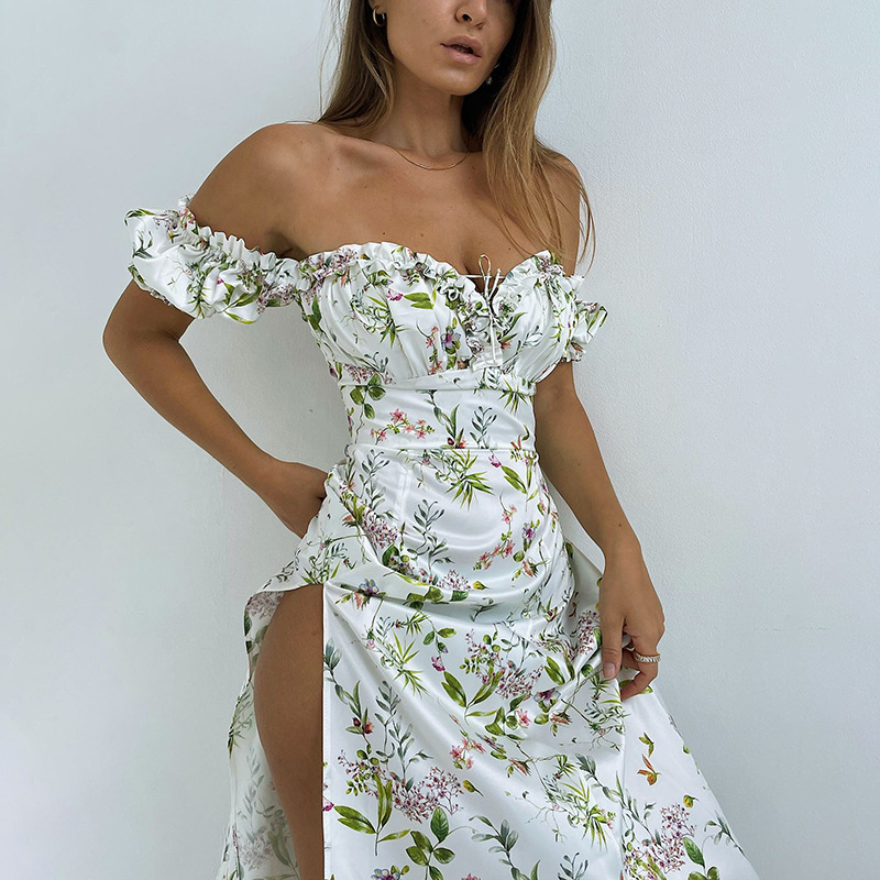 Falda Larga Con Abertura Y Un Solo Hombro Con Estampado Floral