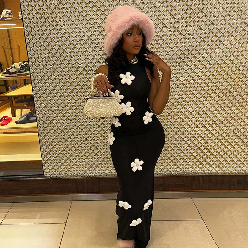 Falda Larga Con Cuello Alto Y Estampado De Poliéster