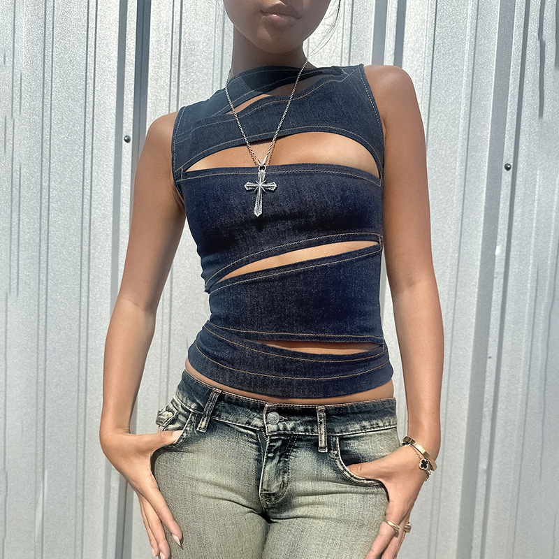 Blue Polyester Hollow Denim Vest
