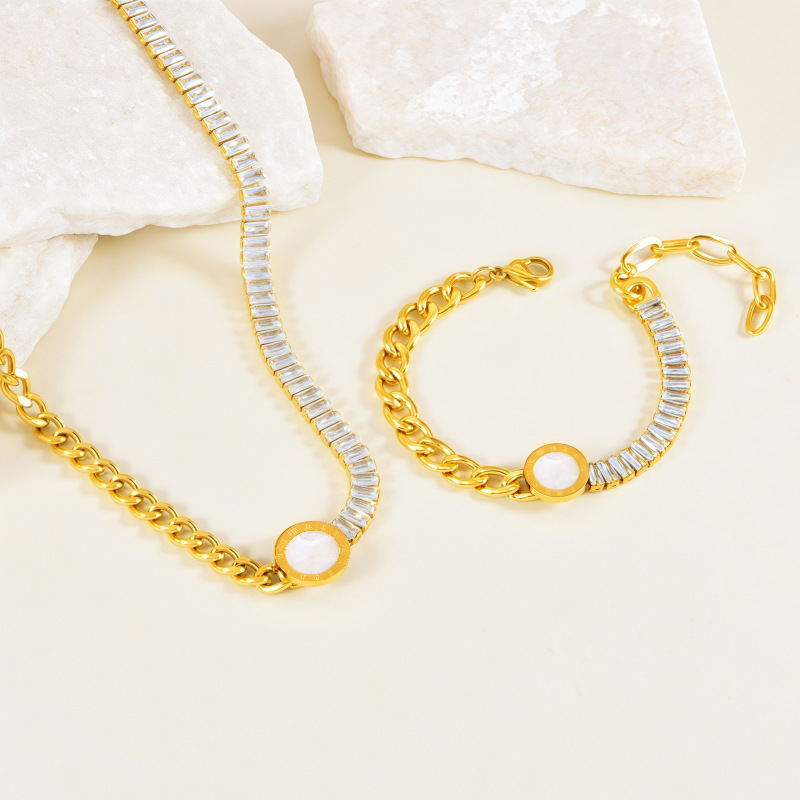 Necklace + Bracelet Stainless Steel Diamond Round Necklace Bracelet Set