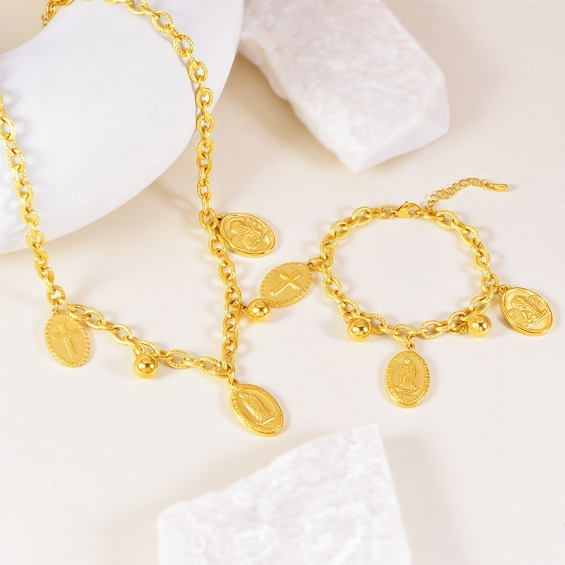 Necklace + Bracelet Stainless Steel Oval Plate Cross Pendant Necklace Bracelet Set