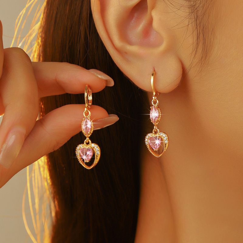 Pendientes De Aro De Metal Con Forma De Corazón De Diamantes