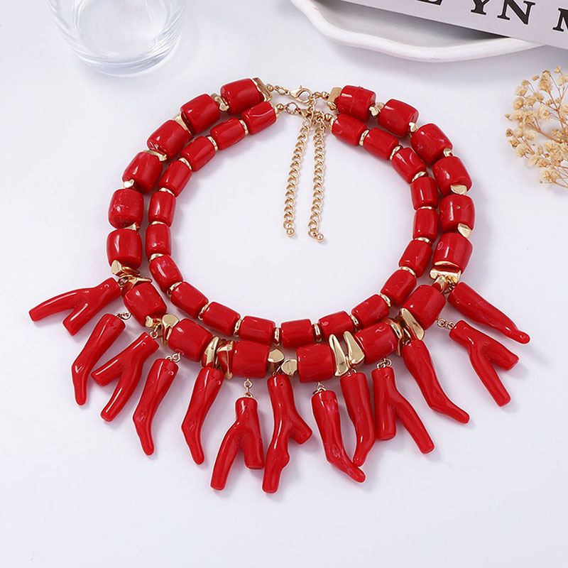 Red Necklace Resin Coral Pendant Double-layer Necklace