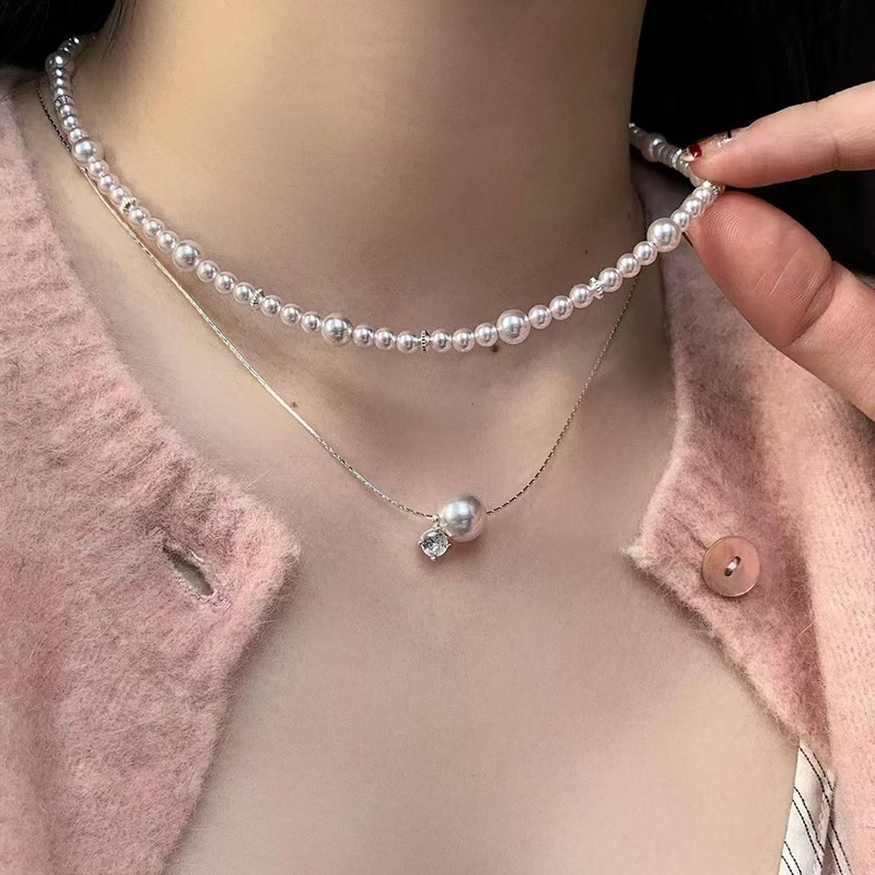 A+b Two-piece Set Pearl Beaded Diamond Double Necklace