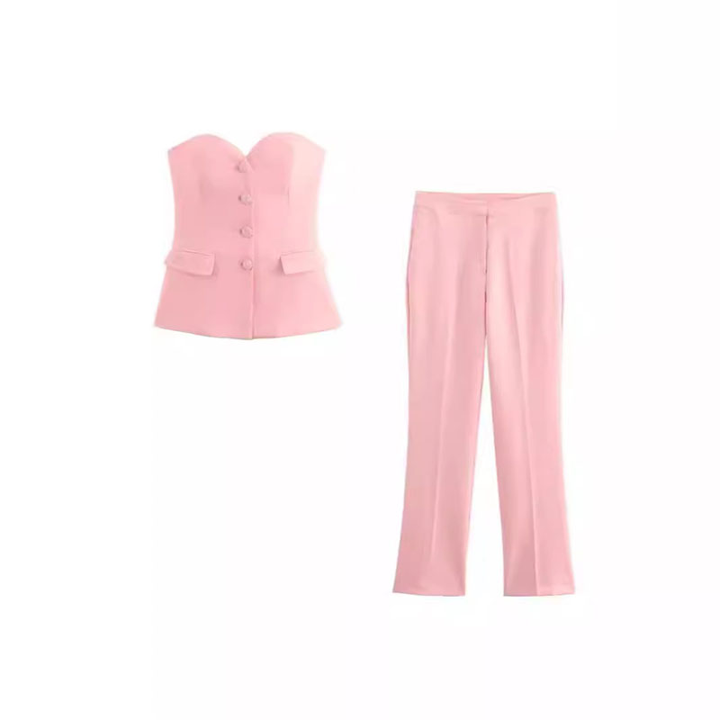 Top + Pants Set Polyester Button Pocket Bandeau Top And Micro-pleated Trousers Set