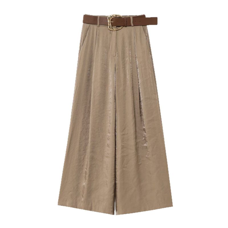 Khaki Silk Satin Belt Straight Pants