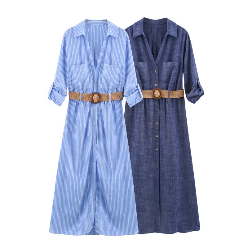 Vestido Con Solapa Y Botones Y Cinturón