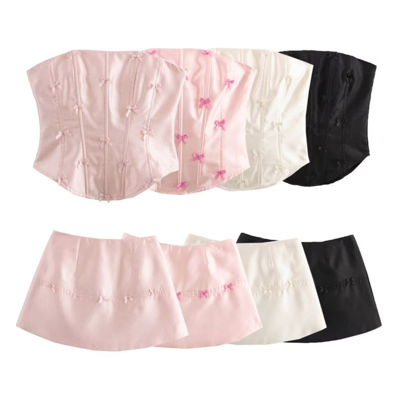 Conjunto De Top Y Falda Bandeau De Espiga Con Lazo De Licra