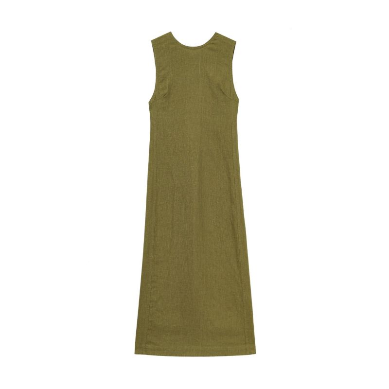 Vestido Largo De Lino Con Cuello Redondo Y Sin Mangas