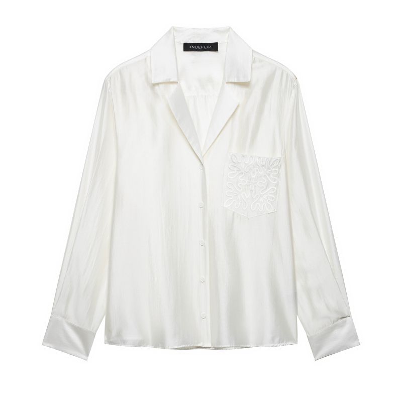 White Blended Embroidered Lapel Shirt