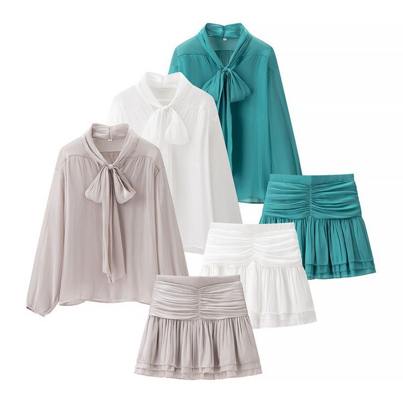 Green Woven Pussy-bow Shirt And Pleated Skirt Set